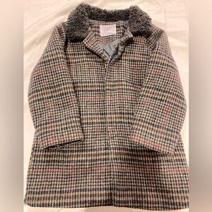 Zara Kids Plaid Coat with Faux Fur Collar - Gray and Red